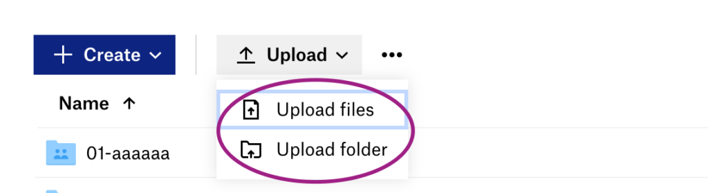 Screenshot of Dropbox Upload files or Upload folder