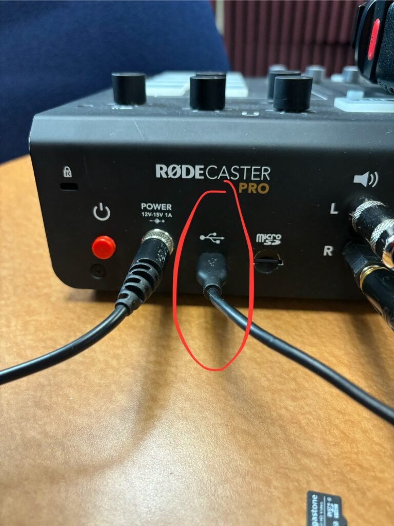 The back left of the RodeCaster with USB output centered in the image and circled in red.